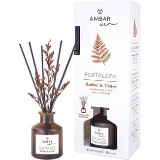 Zen Ambientador Mikado Fortaleza Ámbar & Cedro con Cardamomo, Iris, Pino y Pachuli Incluye Flor Decorativa Ambar