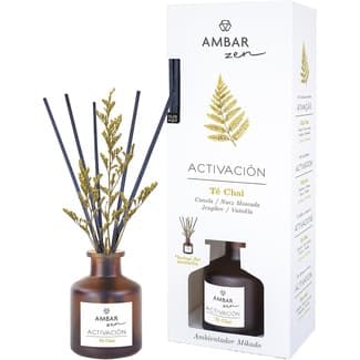 Zen Ambientador Mikado Activación Té Chai con Canela, Nuez Moscada, Jengibre y Vainilla Incluye Flor Decorativa Ambar