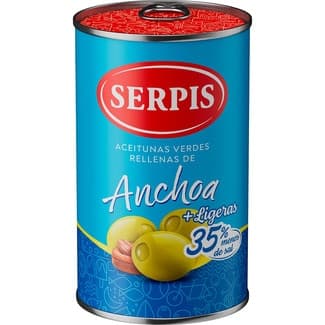 Aceitunas Verdes Rellenas de Anchoa + Lígeras 35% Menos Sal sin Gluten y sin Lactosa  Serpis 130 G