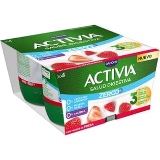 Triple Zero Bífidus con Trozos de Fresa Desnatado 0% M.g. 0% Azúcares Añadidos Pack 4 sin Gluten sin Lactosa Danone Activia