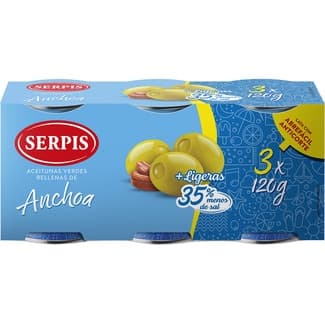 Aceitunas Rellenas de Anchoa + Ligeras 35% Menos Sal Pack 3  Serpis 50 G