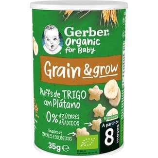 Grain & Grow Puffs Snacks Ecológicos de Cereales con Plátano 0% Azúcares Añadidos desde 8 Meses Gerber