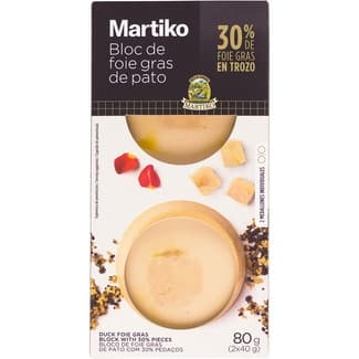 Bloc de Foie Gras de Pato Cocido con 30% de Trozos 2 Medallones X 40 G sin Gluten Martiko