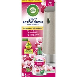 Ambientador Difusor Automático Active Fresh Flor de Cerezo & Frambuesa 24/7 + Recambio sin Aerosol AIR Wick 1 Unidad