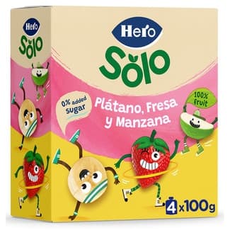 Bolsitas de Plátano, Fresa y Manzana sin Gluten desde 12 Meses 0% Azúcares Añadidos Pack 4 Hero Solo