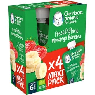 Fresa y Plátano Ecológicos y sin Azúcares Añadidos desde 6 Meses Pack 4 Gerber