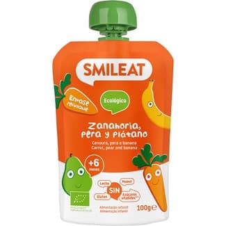 Zanahoria, Pera y Plátano Ecológico sin Gluten, sin Leche desde 6 Meses Smileat