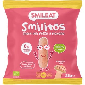 Smilitos Snacks con Fresa y Plátano Ecológico, sin Gluten desde 18 Meses 0% Azúcares Añadidos y sin Sal Añadida Smileat