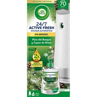 Ambientador Difusor Automático Active Fresh Pino del Bosque y Copos de Nieve 24/7 + Recambio sin Aerosol con Aceites Esenciales AIR Wick 1 Unidad