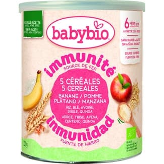 Inmunité Papilla Ecológica de 5 Cereales Plátano y Manzana a Partir de 6 Meses sin Azúcar Añadido Babybio