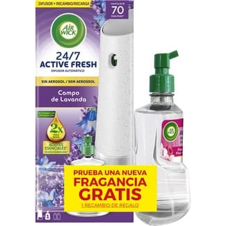 Ambientador Difusor Automático Active Fresh Campo de Lavanda sin Aerosol Aparato + Recambio + 1 Recambio de Regalo AIR Wick