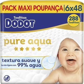 Toallitas Húmedas Infantiles Pure Aqua Textura Suave y Loción Ligera con 99% Agua Pack 6x48 Envase 288 Unidades Dodot