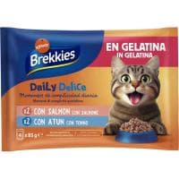Salmón y Atún en Gelatina para Gato Brekkies Delice, Pack 4x85 G