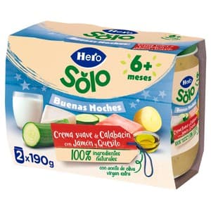 Hero Solo Buenas Noches Tarrito de Crema Suave de Calabacín con Jamón y Quesito, a Partir de 6 Meses 2 X 190 G. 380 G