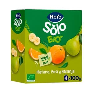 Hero Solo Bio Bolsitas de Fruta (plátano, Pera y Naranja) Ecológicas, a Partir de 6 Meses 4 X 100 G. 400 G