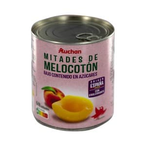 Producto Alcampo Melocotón de Origen Español Cortados en Mitades y con bajo Contenido en Azúcares Lata de 480 G.