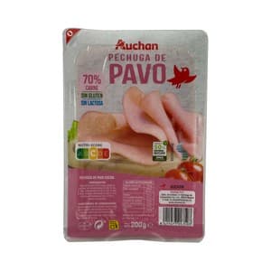 Auchan Pechuga Cocida de Pavo, sin Gluten y sin Lactosa y Cortadas en Lonchas 200 G. Producto Alcampo