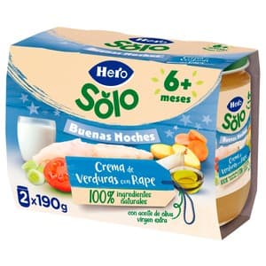 Hero Solo Buenas Noches Tarrito de Crema de Verduras con Rape (textura con Trocitos), a Partir de 8 Meses 2 X 190 G. 380 G