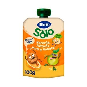 Hero Solo Bolsita de Fruta (naranja, Plátano, Pera) y Galleta, sin Azúcares Añadidos, a Partir de 12 Meses 100 G.