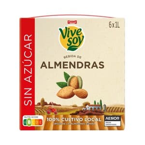 Vivesoy Bebida de Almendras sin Azúcar, de Cultivo 100% Local de Pascual 6 X 1 L. 6000 ML
