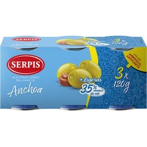 Aceitunas Rellenas de Anchoa + Ligeras 35% Menos Sal Pack 3  Serpis 50 G