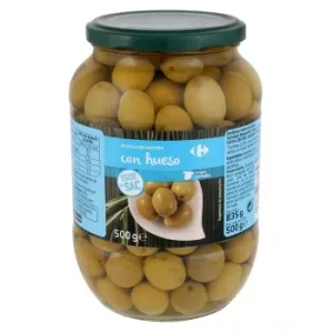 Aceitunas Verdes Manzanilla con Hueso bajo Contenido en Sal Carrefour 500 G.