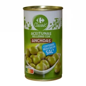 Aceitunas Verdes Rellenas de Anchoa Bajas en Sal Classic Carrefour 150 G.