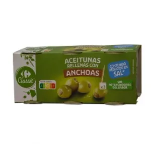Aceitunas Verdes Rellenas de Anchoa Contenido Reducido en Sal Classic Carrefour Pack 3 Latas de 50 G