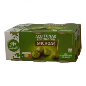 Aceitunas Verdes Rellenas de Anchoa Nueva Receta Carrefour Pack de 6 Latas de 50 G