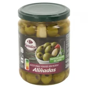 Aceitunas Verdes sin Hueso Aliñadas Carrefour Sensation 200 G.