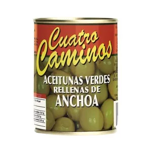 Cuatro Caminos Aceitunas Verdes Varidad Manzanilla Finas, Rellenas de Anchoa Cuatro Caminos 120 G.