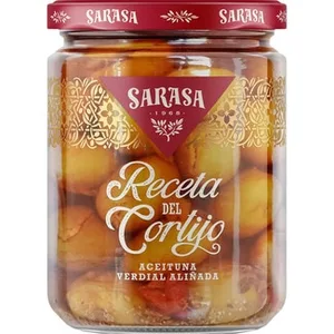 Aceitunas Verdial con Hueso, Ajos y Pimientos Rojos Aliñados la Receta del Cortijo Sarasa