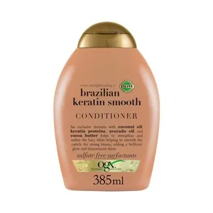 OGX Acondicionador con Keratina Alisante de Brasil y Aceite de Coco, para Cabellos Rizados, Ondulados o Encrespados 385 Ml.