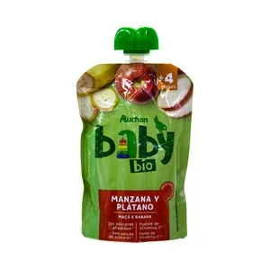 Alcampo Baby Bio Bolsita de Puré de Manzana y Plátano Ecológicos, a Partir de 4 Meses 100 G.