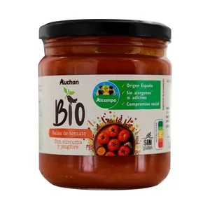 Alcampo Cultivamos LO Bueno Ecológico Salsa de Tomate de Temporada Ecológica, con un Toque de Cúrcuma y Jengibre 340 G. 330 G