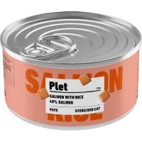 Alimento de Salmón y Arroz Gatos Esterilizados Plet, Lata 150 G