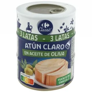 Atún Claro en Aceite de Oliva Classic Carrefour Pack de 3 Latas de 104 G.