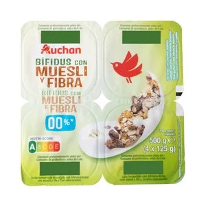 Auchan Bífidus Desnatado sin Azúcares Añadidos con Muesli 4 X 125 G Producto Alcampo. 500 G