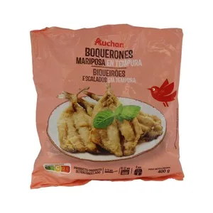Auchan Boquerones Abiertos en Mariposa Limpios y sin Espinas Recubiertos de una Fina Capa de Tempura Muy Crujiente 400 G. Producto Alcampo