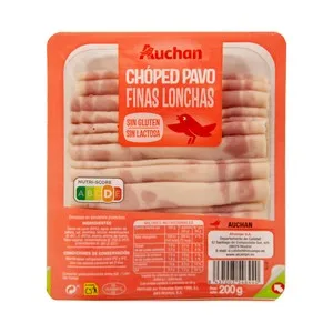 Auchan Chopped de Pavo sin Gluten y sin Lactosa, Cortado en Finas Lonchas 200 G. Producto Alcampo