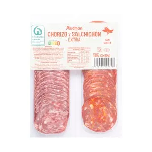 Auchan Chorizo y Salchichón de Categoria Extra, Elaborados sin Gluten y Cortados en Lonchas 2 X 90 G. Producto Alcampo 180 G