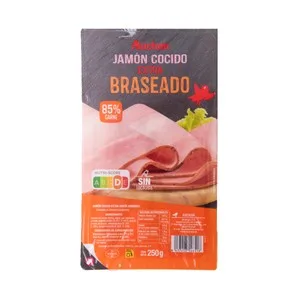 Auchan Jamón Cocido Braseado Extra, sin Lactosa, Cortado en Lonchas 250 G. Producto Alcampo