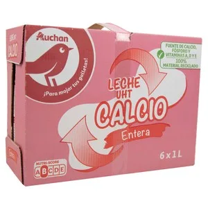 Auchan Leche Entera de Vaca, Enriquecida con Calcio 6 X 1 L. Producto Alcampo 6000 ML