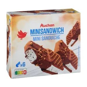 Auchan Mini Sándwich Helado Sabor a Nata y Galletas con Recubrimiento de Cacao, con Trocitos de Chocolate Negro, Avellana Tostada y Galletas 6 X 85 Ml Producto Alcampo. 510 ML