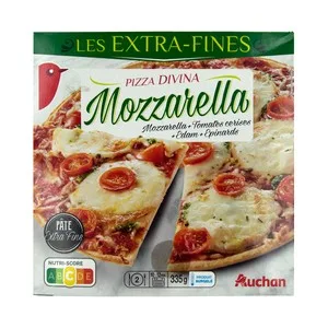 Auchan Pizza de Mozzarella, Tomates Cereza, Queso Edam y Espinacas con Masa Extra Fina 335 G. Producto Alcampo