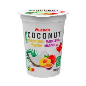 Auchan Producto Vegetal de Coco con Melocoton y Maracuya Producto Alcampo 400 G.