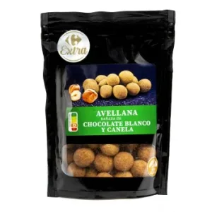 Avellanas Bañadas en Chocolate Blanco y Canela Carrefour Extra sin Gluten Doy Pack 150 G.