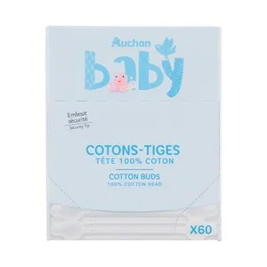 Producto Alcampo Baby Bastoncillos de Algodón (100%) con Punta de Seguridad y Palillo de Papel 60 Uds.