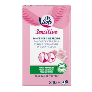 Bandas de Cera Depilatoria Frías Zona Bikini y Axilas Pieles Sensibles Carrefour Soft 16 Ud.
