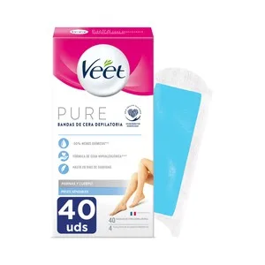 Veet Bandas de Cera Depilatoria para Piernas y Cuerpo, Especiales Piel Sensible Veet Pure 40 Uds.